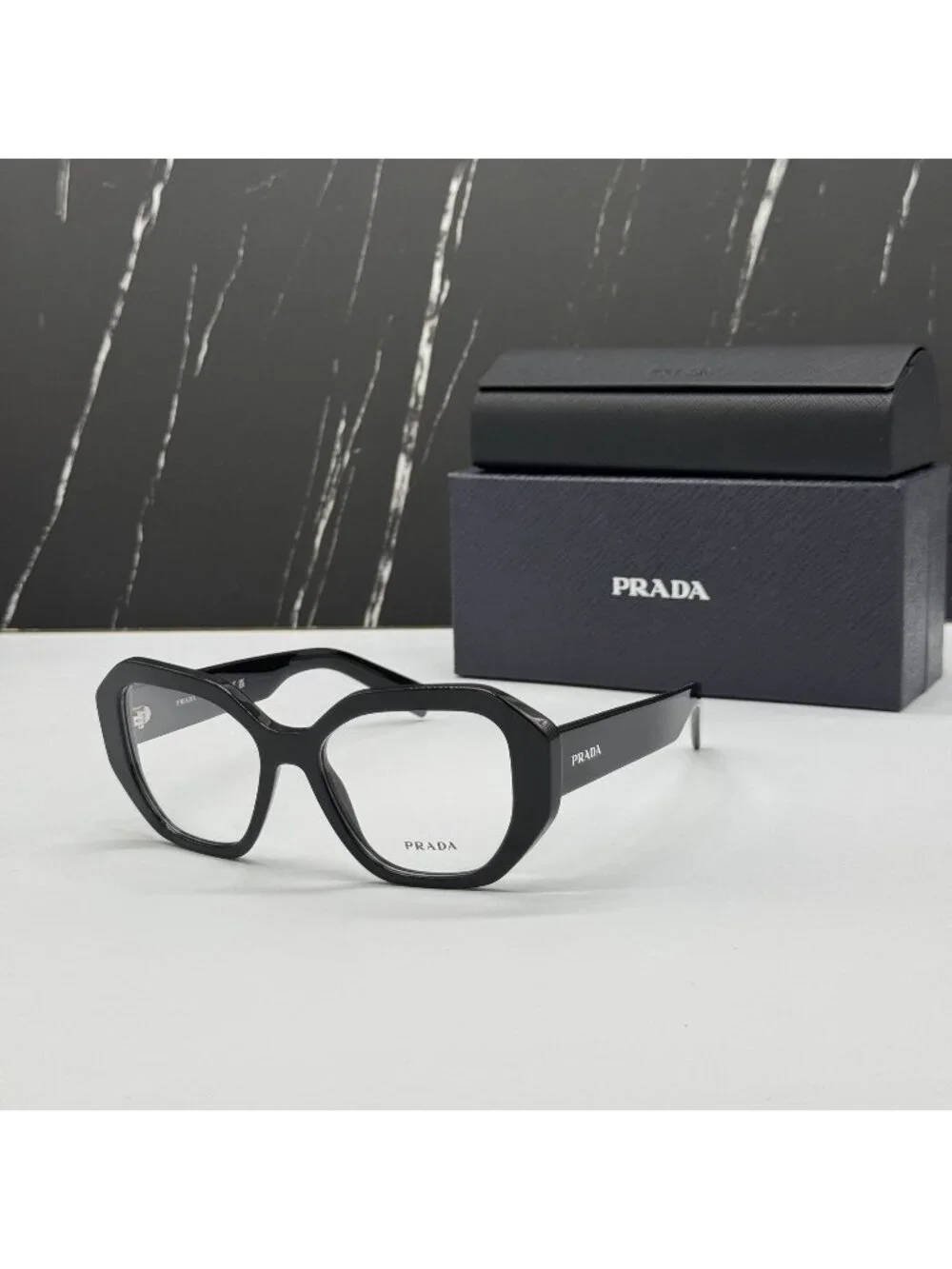 NWT Prada PRA07V 1AB1O1 Women Black Geometric Eyeglasses PR A07V